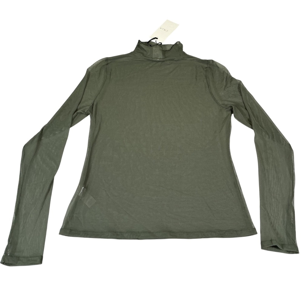 Calia Draped Funnel Long‎ Sleeve Mesh Top Ivy Green Sheer Mock Neck Large NWT